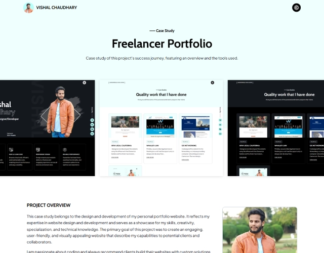 Vishal WordPress portfolio case study detail page in light theme for website optimization.