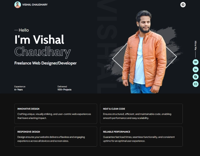 Vishal WordPress portfolio homepage in dark theme with a sleek layout.