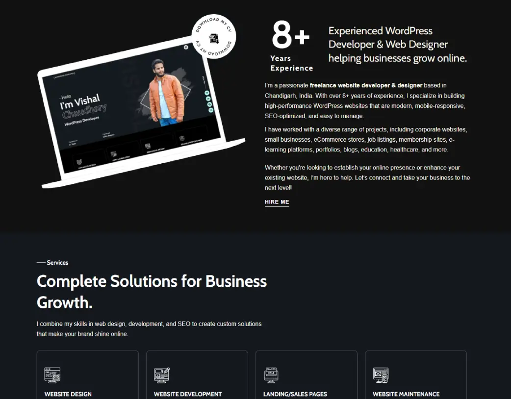 Custom WordPress homepage about section in dark mode designed for freelance developer portfolio by Vishal Chaudhary
