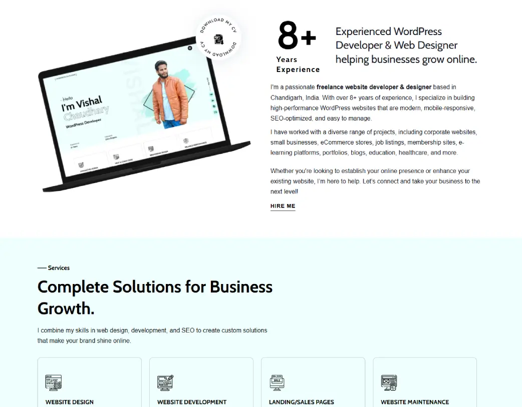 Custom WordPress homepage about section in light mode designed for freelance developer portfolio by Vishal Chaudhary
