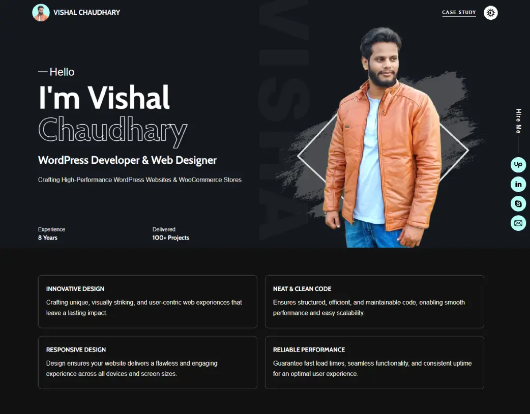 Custom WordPress homepage hero section in dark mode designed for freelance developer portfolio by Vishal Chaudhary