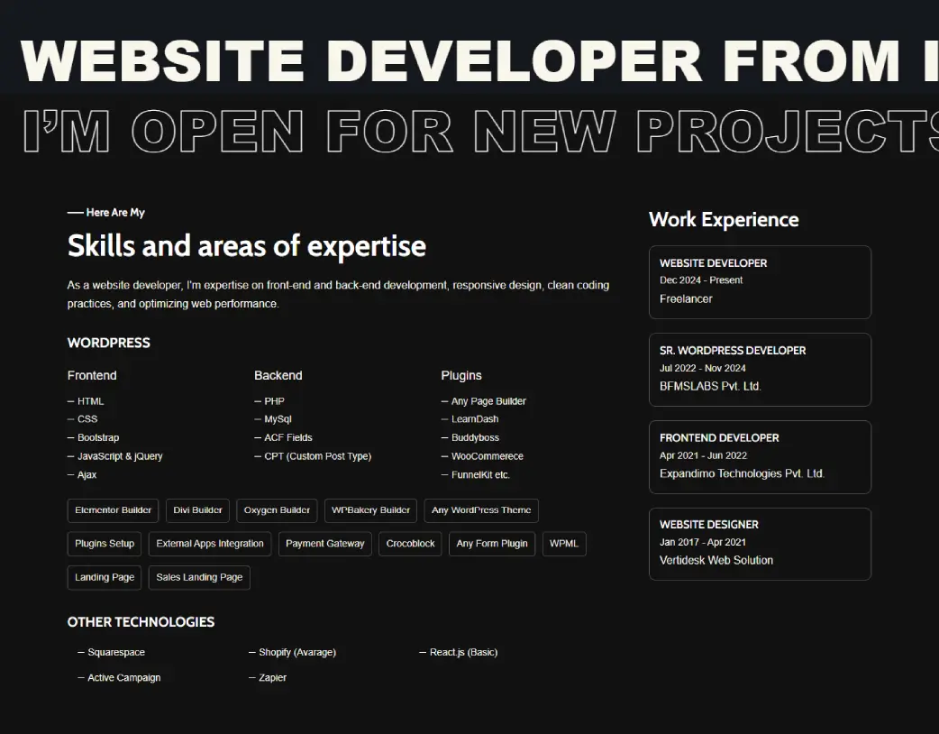 Custom WordPress homepage technical skills and expertise section in dark mode designed for freelance developer portfolio by Vishal Chaudhary