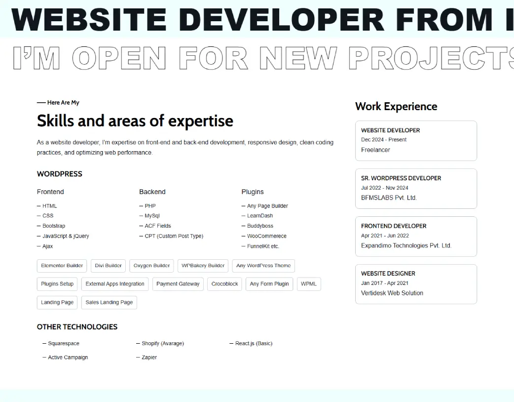 Custom WordPress homepage technical skills and expertise section in light mode designed for freelance developer portfolio by Vishal Chaudhary