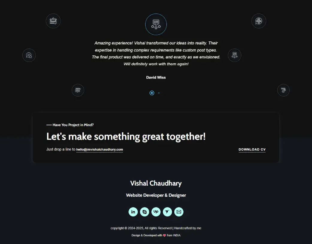 Custom WordPress homepage technical skills and expertise section in light mode designed for freelance developer portfolio by Vishal Chaudhary