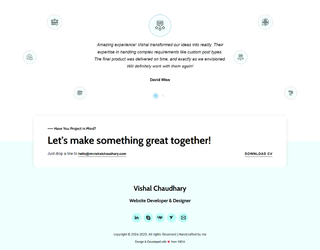 Custom WordPress homepage testimonials section and footer in light mode designed for freelance developer portfolio by Vishal Chaudhary