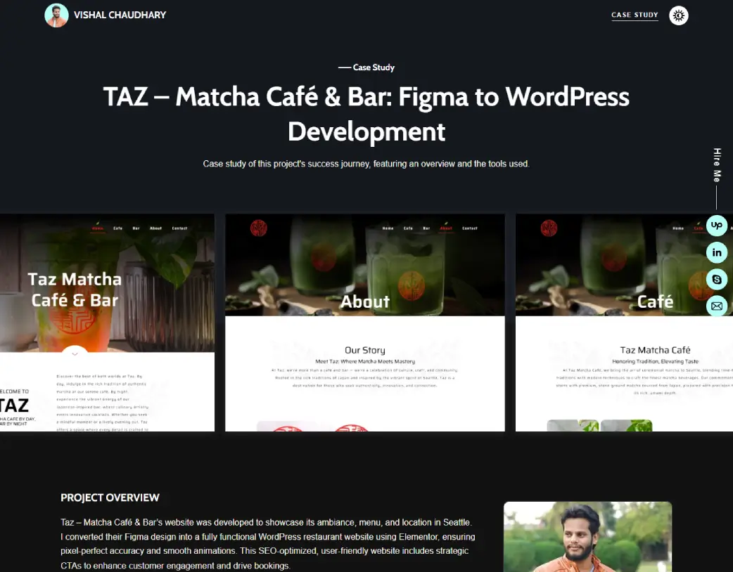 Custom WordPress case study detail page in dark mode designed for freelance developer portfolio by Vishal Chaudhary