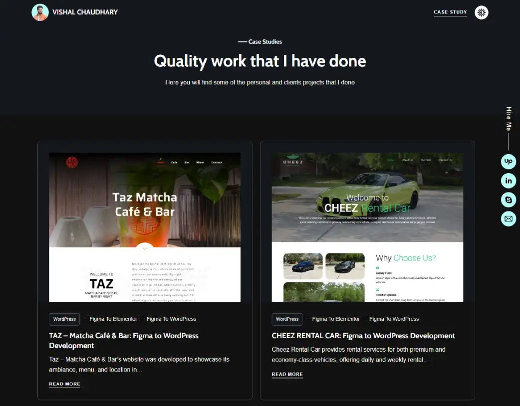 Custom WordPress case study page in dark mode designed for freelance developer portfolio by Vishal Chaudhary