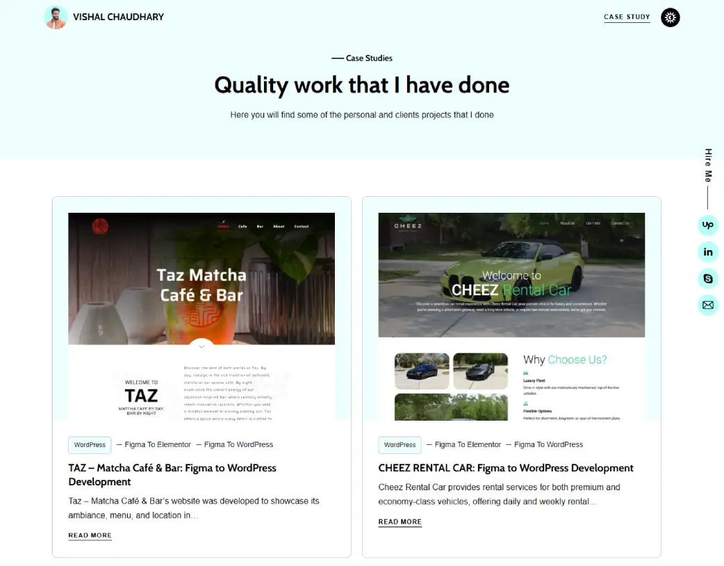 Custom WordPress case study page in light mode designed for freelance developer portfolio by Vishal Chaudhary