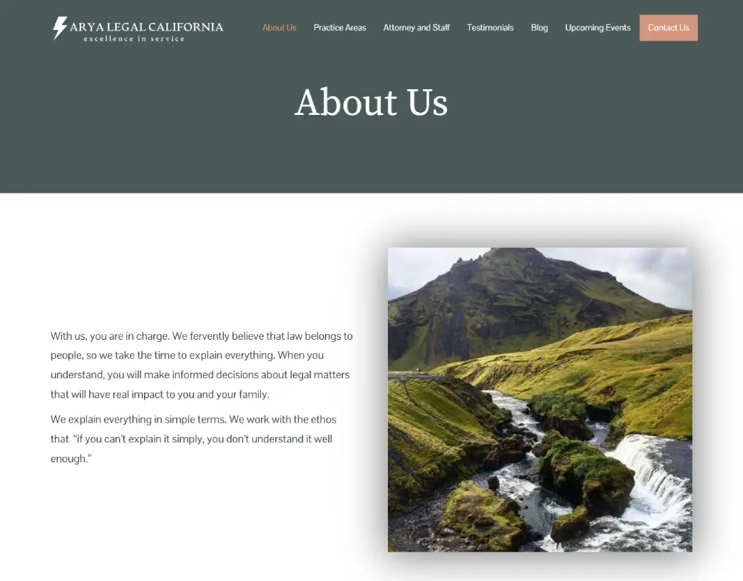 About Us page of Arya Legal California, designed and developed using WordPress and Elementor by Vishal Chaudhary