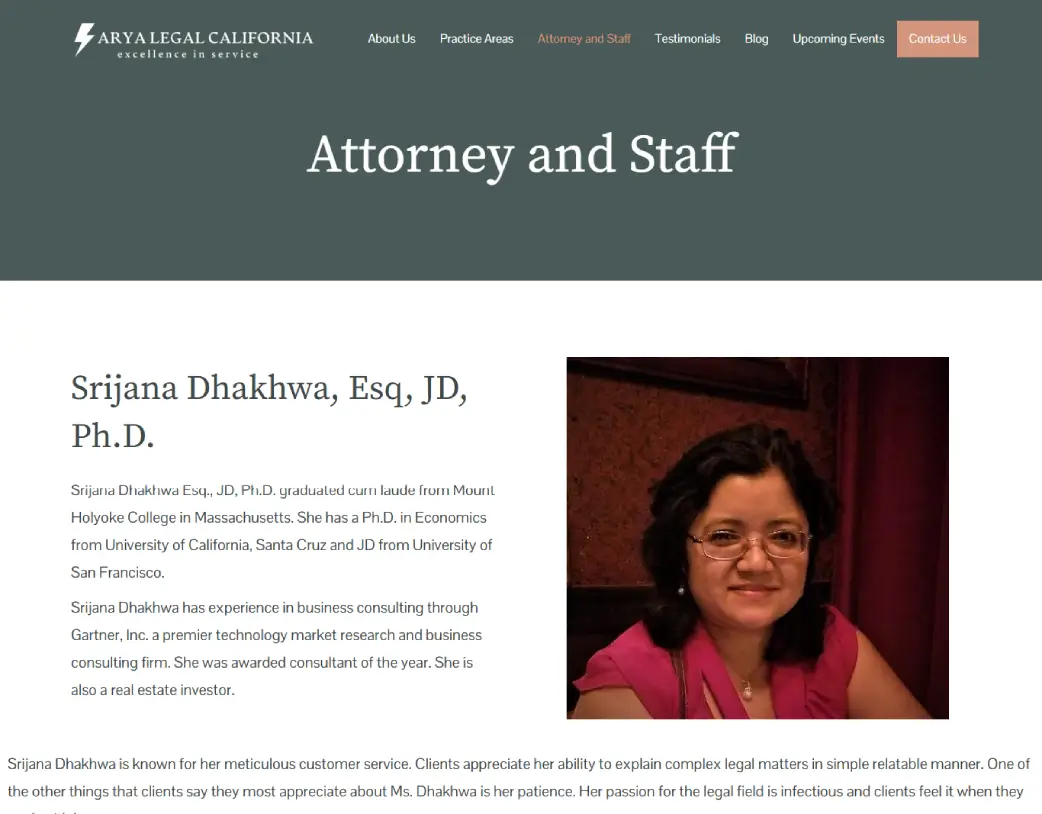 Attorney and Staff page of Arya Legal California, designed and developed using WordPress and Elementor by Vishal Chaudhary
