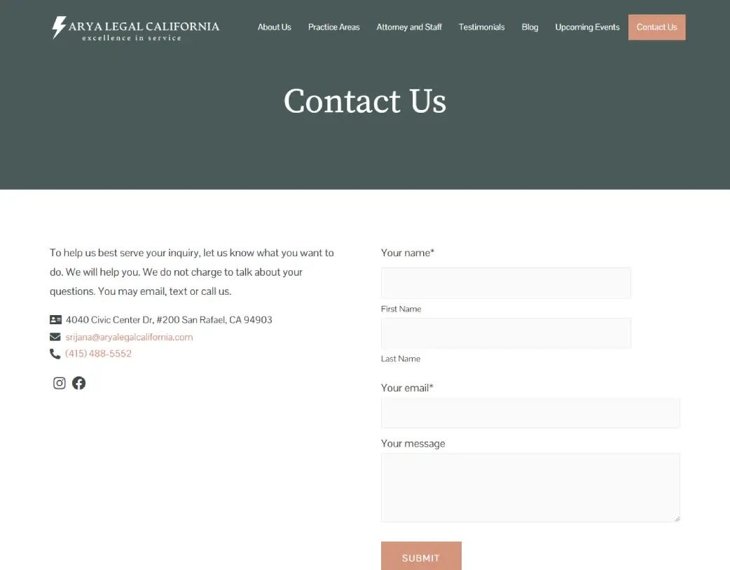 Contact Us page of Arya Legal California, designed and developed using WordPress and Elementor by Vishal Chaudhary