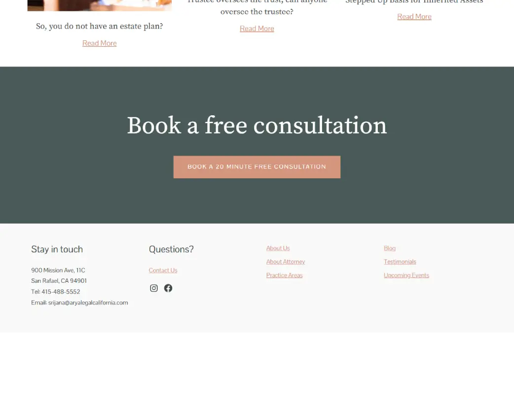 Footer of Arya Legal California website designed and developed using WordPress and Elementor by Vishal Chaudhary