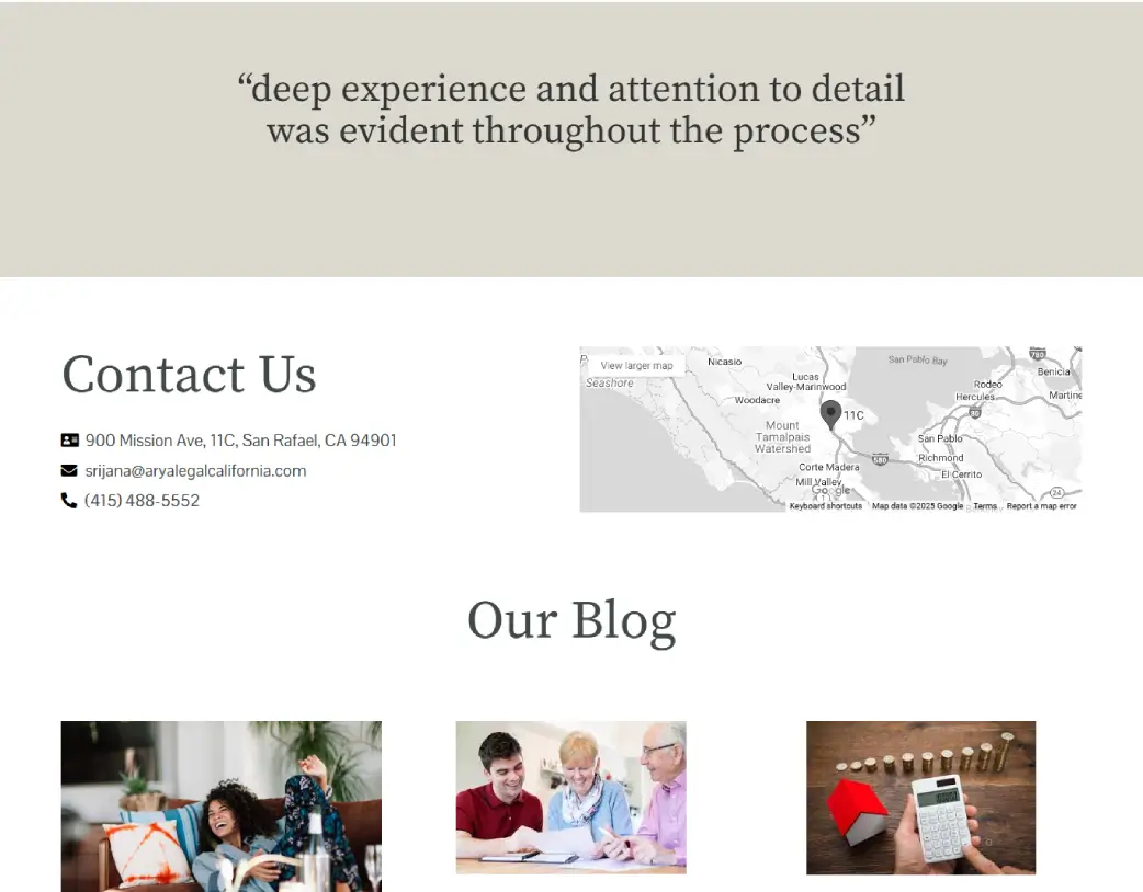 Homepage Contact information section of Arya Legal California website designed and developed using WordPress and Elementor by Vishal Chaudhary
