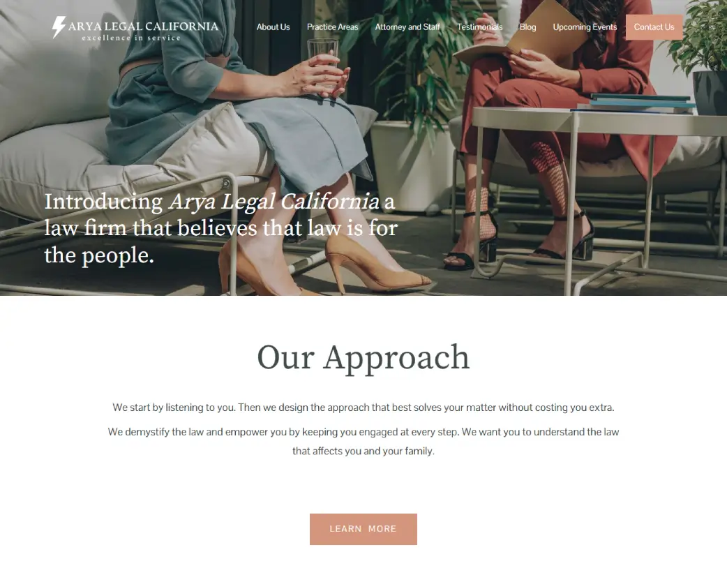 Homepage hero section of Arya Legal California website designed and developed using WordPress and Elementor by Vishal Chaudhary