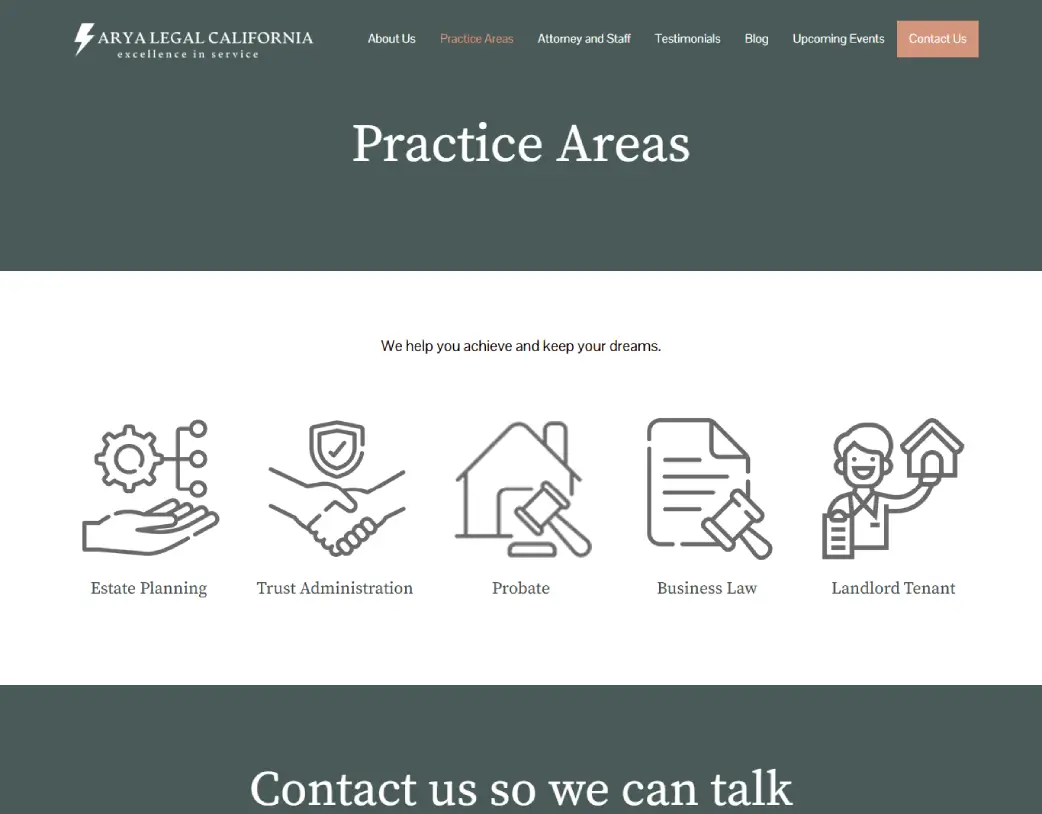 Practice Area page of Arya Legal California, designed and developed using WordPress and Elementor by Vishal Chaudhary