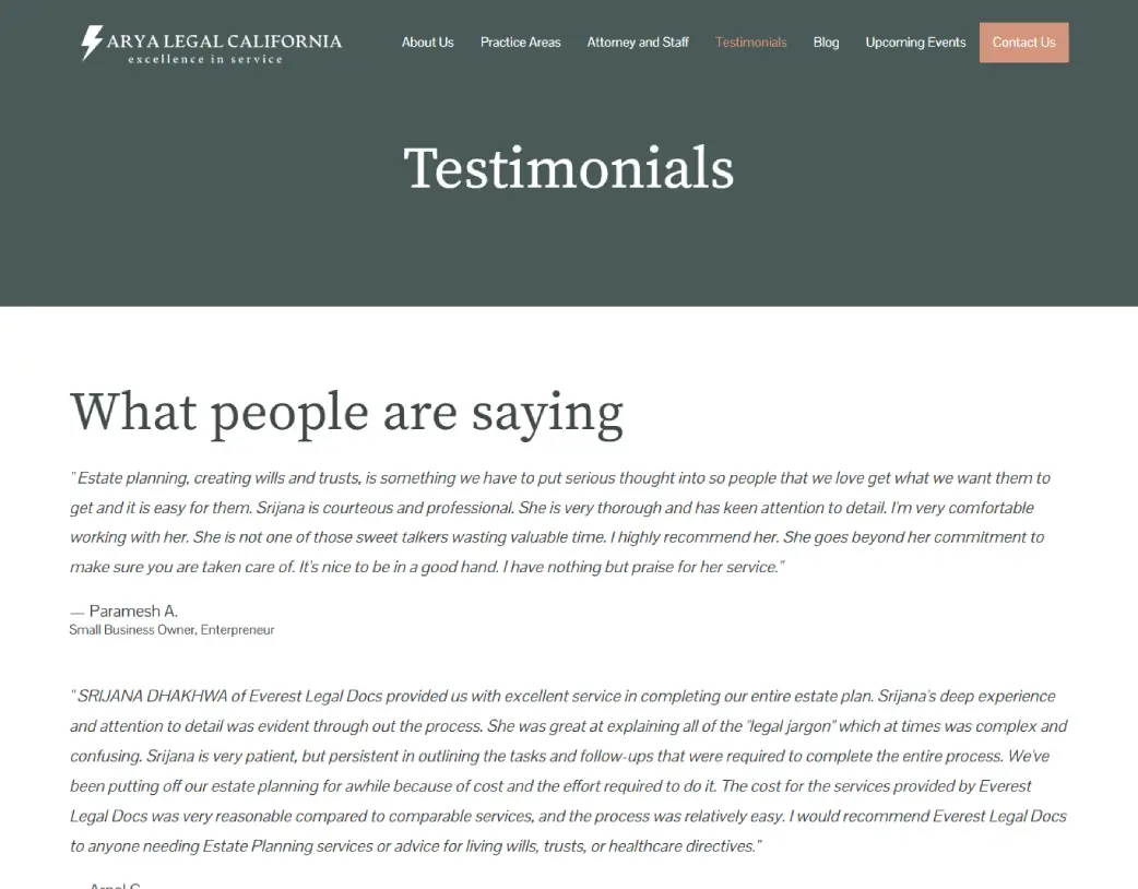 Testimonials page of Arya Legal California, designed and developed using WordPress and Elementor by Vishal Chaudhary
