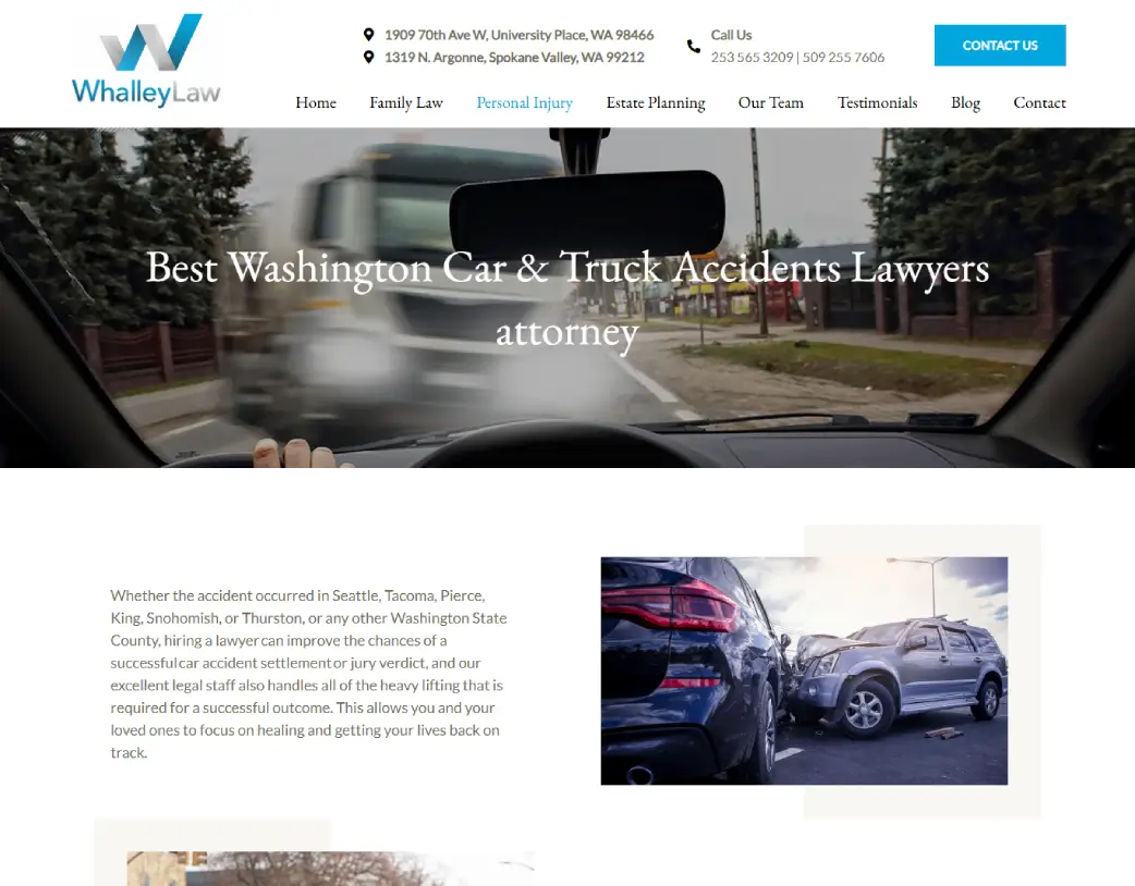 Car and Truck Accident Lawyer service page of Whalley Law, designed and developed using WordPress and Elementor by Vishal Chaudhary