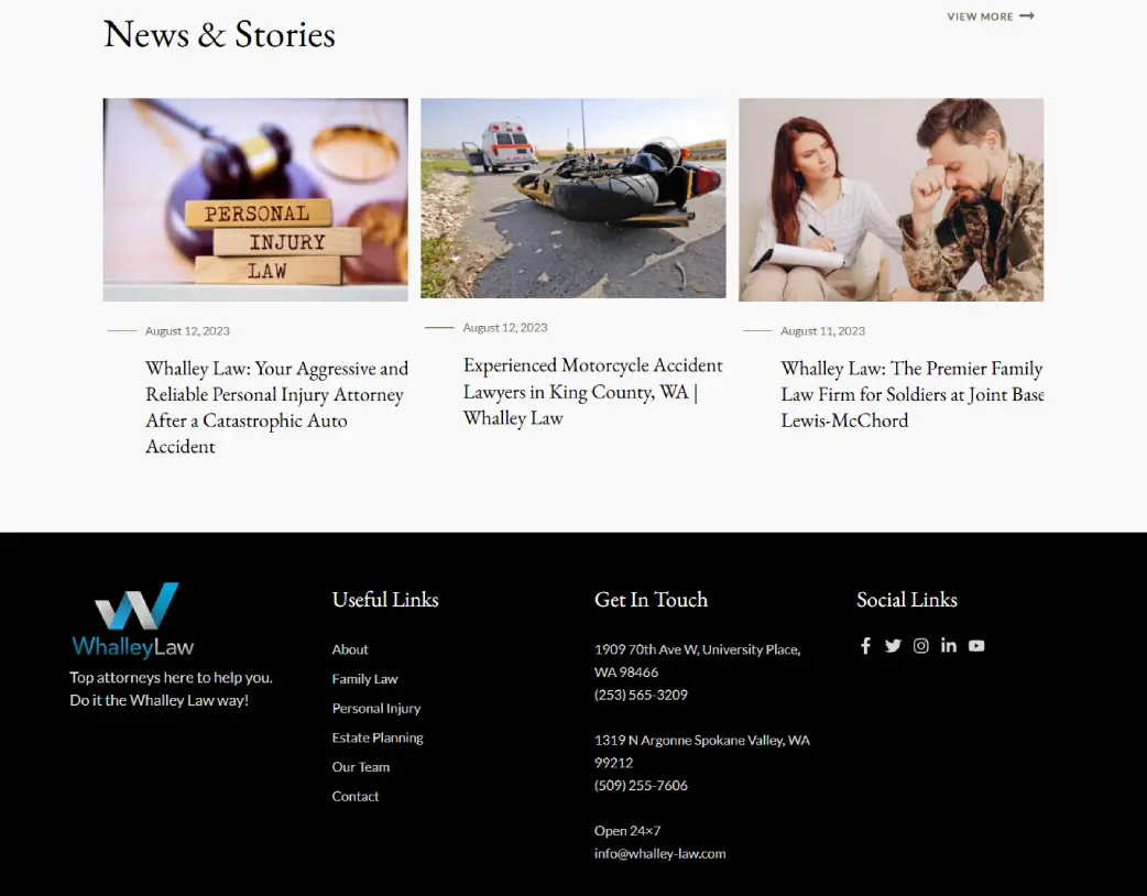 Footer of Whalley Law website designed and developed using WordPress and Elementor by Vishal Chaudhary