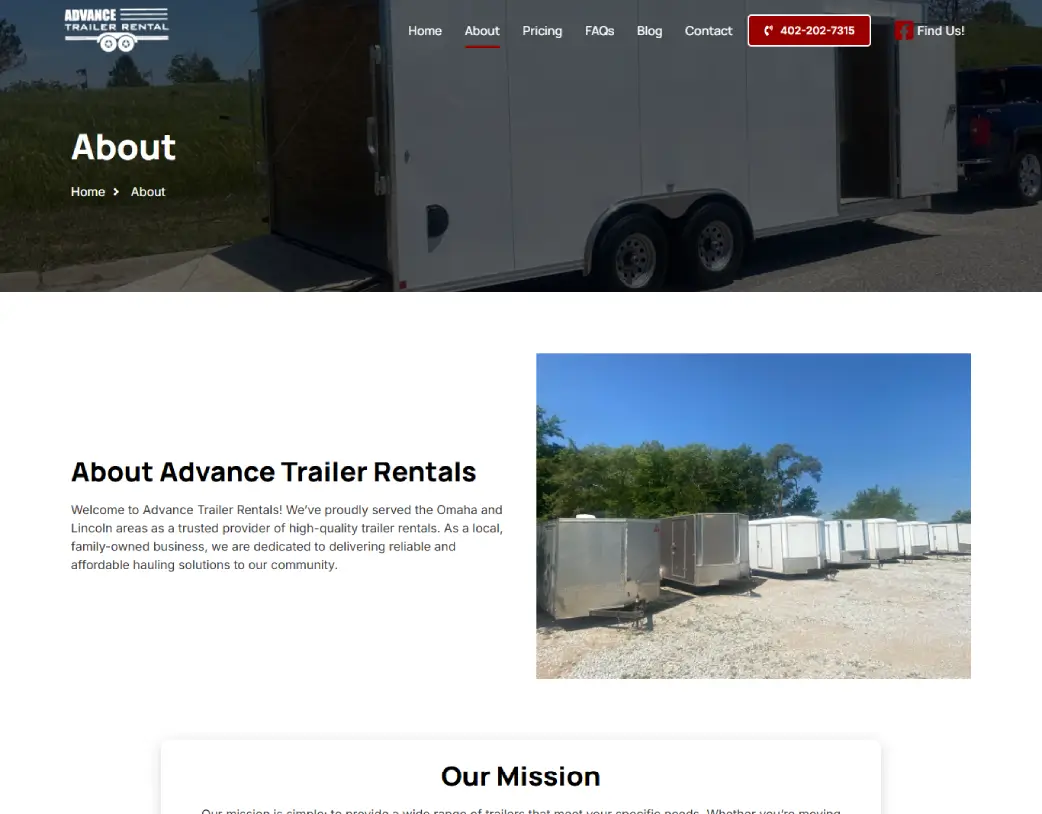 About us page of Advance Trailer Rental, designed and developed using WordPress and Elementor by Vishal Chaudhary