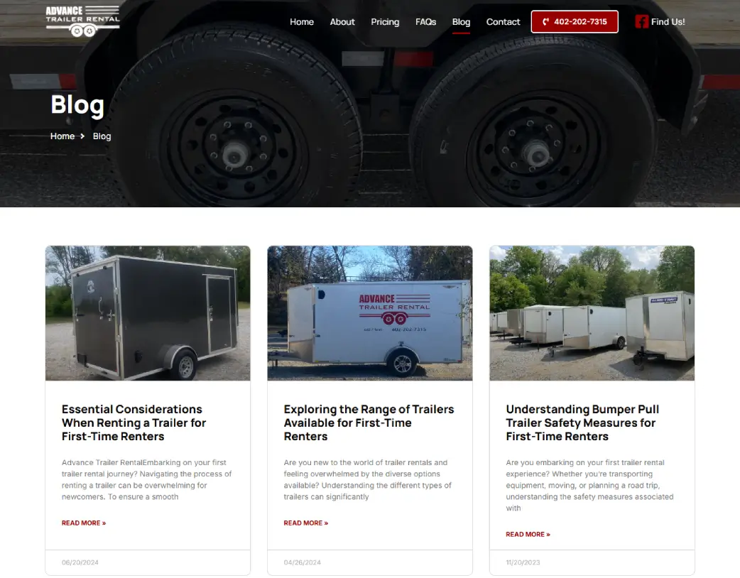 Blog page of Advance Trailer Rental, designed and developed using WordPress and Elementor by Vishal Chaudhary