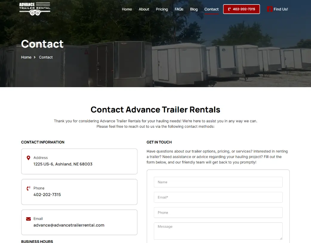 Contact Us page of Advance Trailer Rental, designed and developed using WordPress and Elementor by Vishal Chaudhary