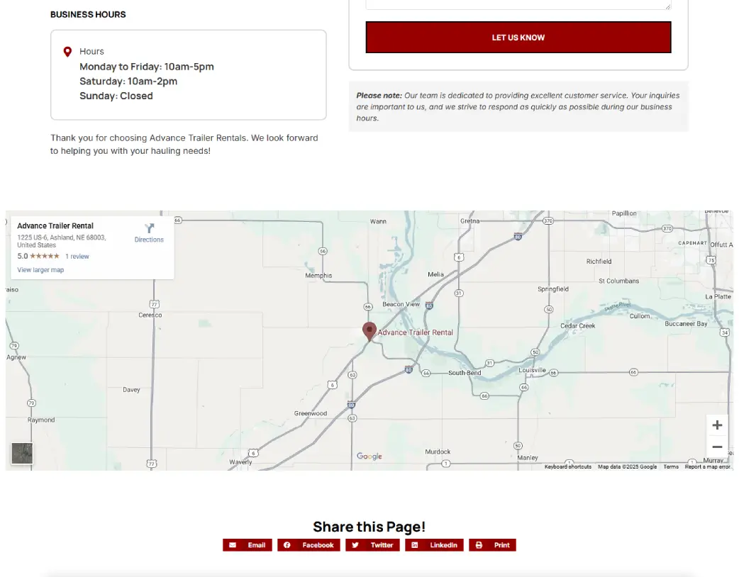 Contact us page Google Map embed section of Advance Trailer Rental website designed and developed using WordPress and Elementor by Vishal Chaudhary