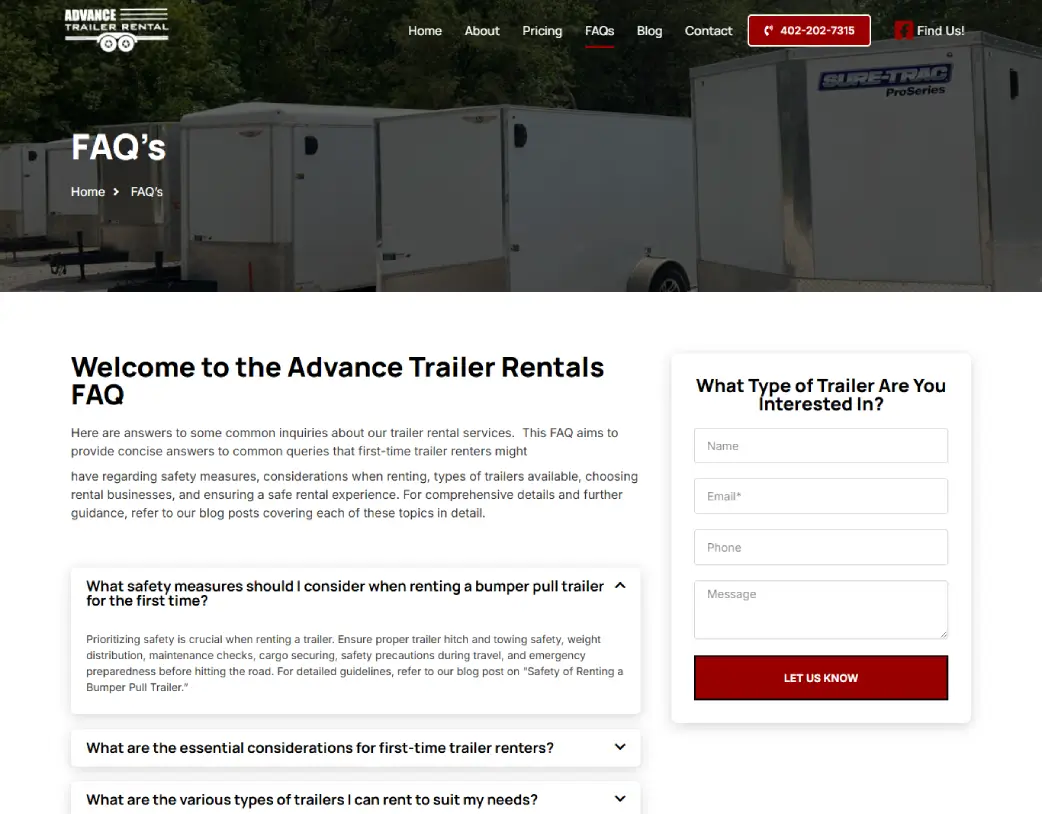 Faq page of Advance Trailer Rental, designed and developed using WordPress and Elementor by Vishal Chaudhary