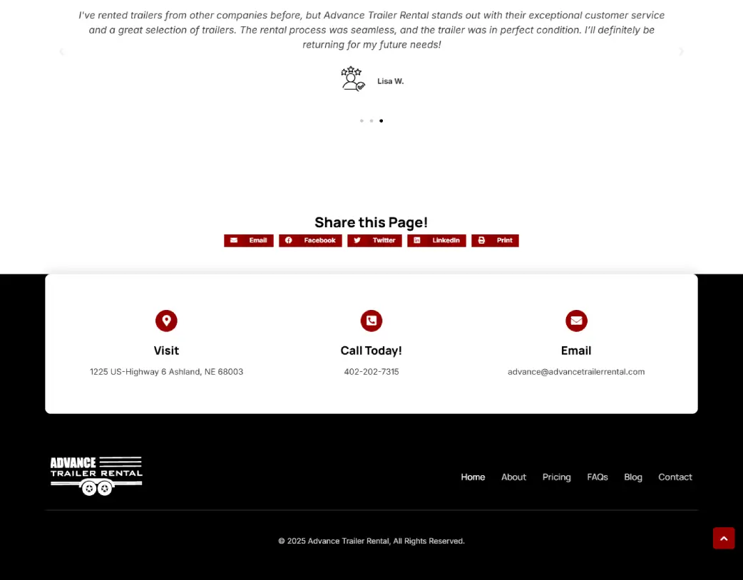 Footer of Advance Trailer Rental website designed and developed using WordPress and Elementor by Vishal Chaudhary