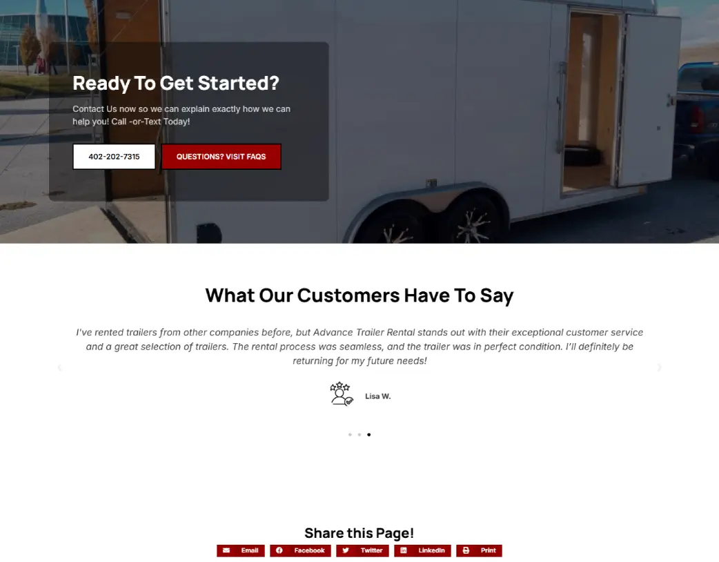 Homepage Testimonials section of Advance Trailer Rental website designed and developed using WordPress and Elementor by Vishal Chaudhary