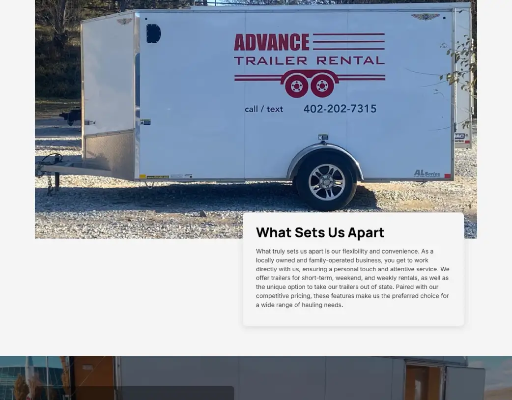 Homepage What we do section of Advance Trailer Rental website designed and developed using WordPress and Elementor by Vishal Chaudhary