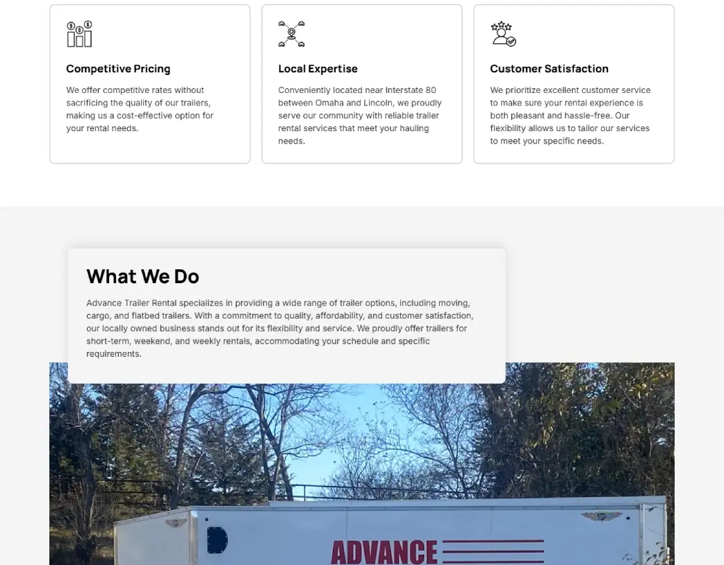 Homepage What We Do section of Advance Trailer Rental website designed and developed using WordPress and Elementor by Vishal Chaudhary