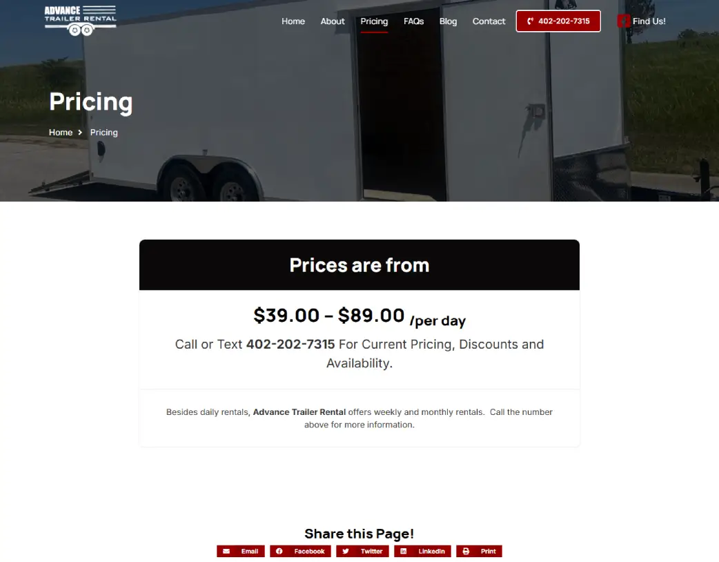 Pricing page of Advance Trailer Rental, designed and developed using WordPress and Elementor by Vishal Chaudhary