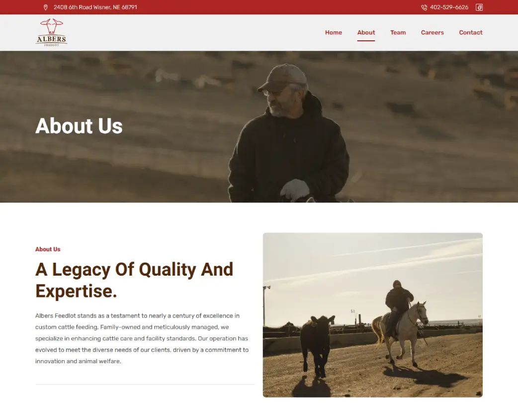 About us page of Albers Feedlock, designed and developed using WordPress and Elementor by Vishal Chaudhary