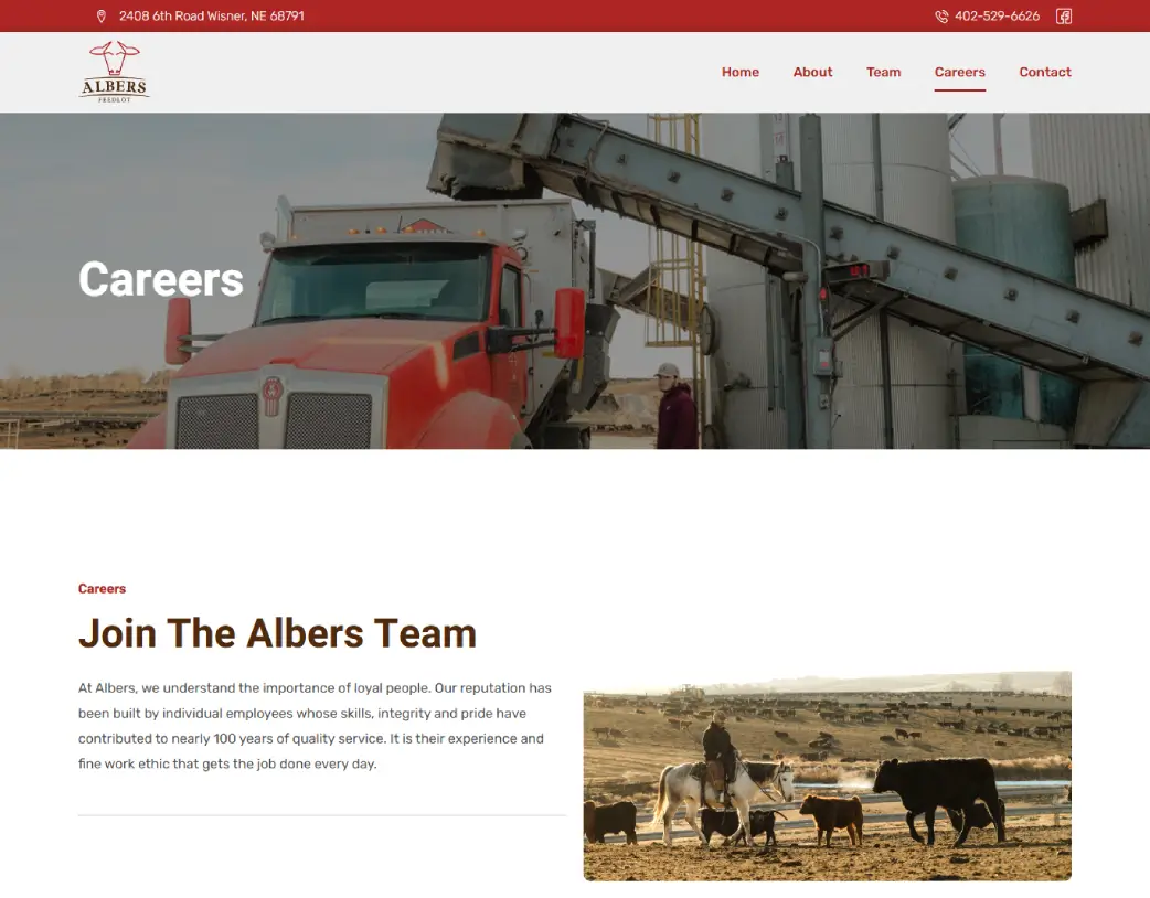 Careers page of Albers Feedlock, designed and developed using WordPress and Elementor by Vishal Chaudhary