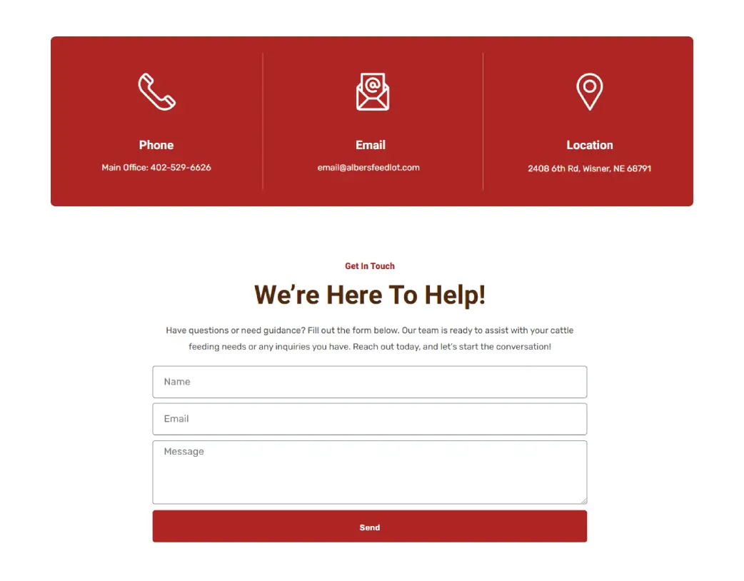 Contact us page contact form section of Albers Feedlock, designed and developed using WordPress and Elementor by Vishal Chaudhary