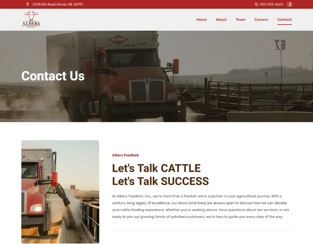 Contact us page of Albers Feedlock, designed and developed using WordPress and Elementor by Vishal Chaudhary