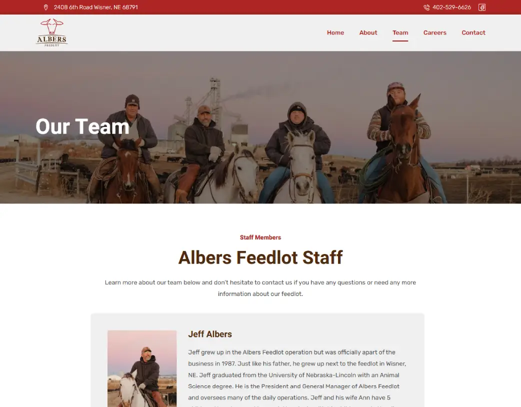 Our Team page of Albers Feedlock, designed and developed using WordPress and Elementor by Vishal Chaudhary