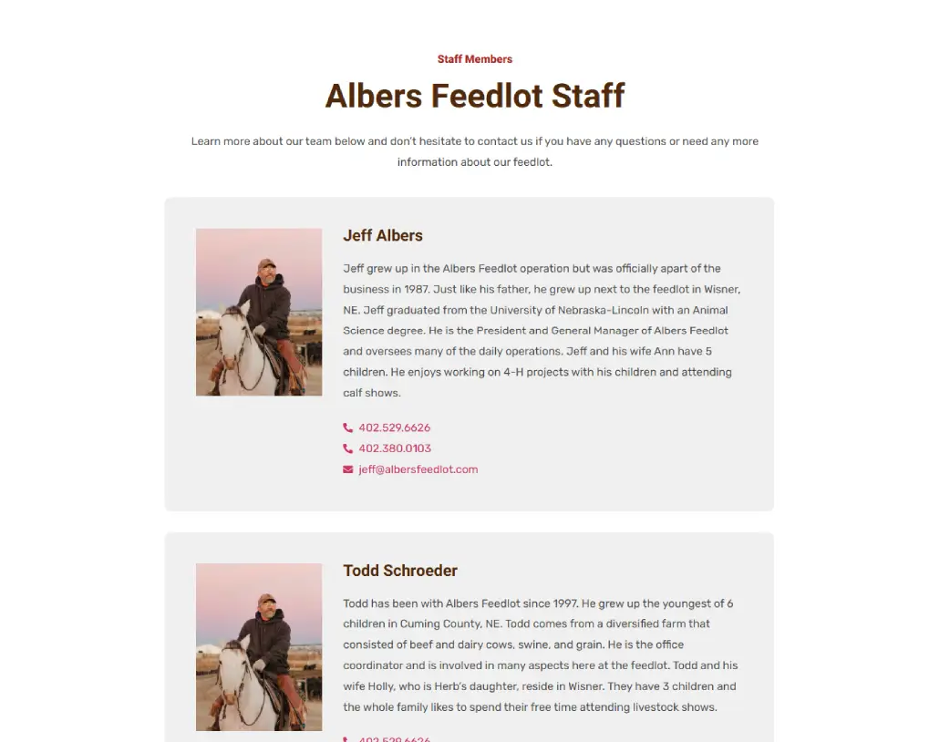 Our Team page team members section of Albers Feedlock, designed and developed using WordPress and Elementor by Vishal Chaudhary