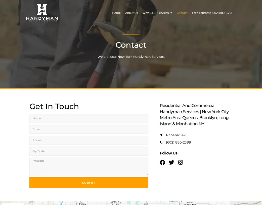 Contact us page of Handyman Home Repair Expert, designed and developed using WordPress and Elementor by Vishal Chaudhary