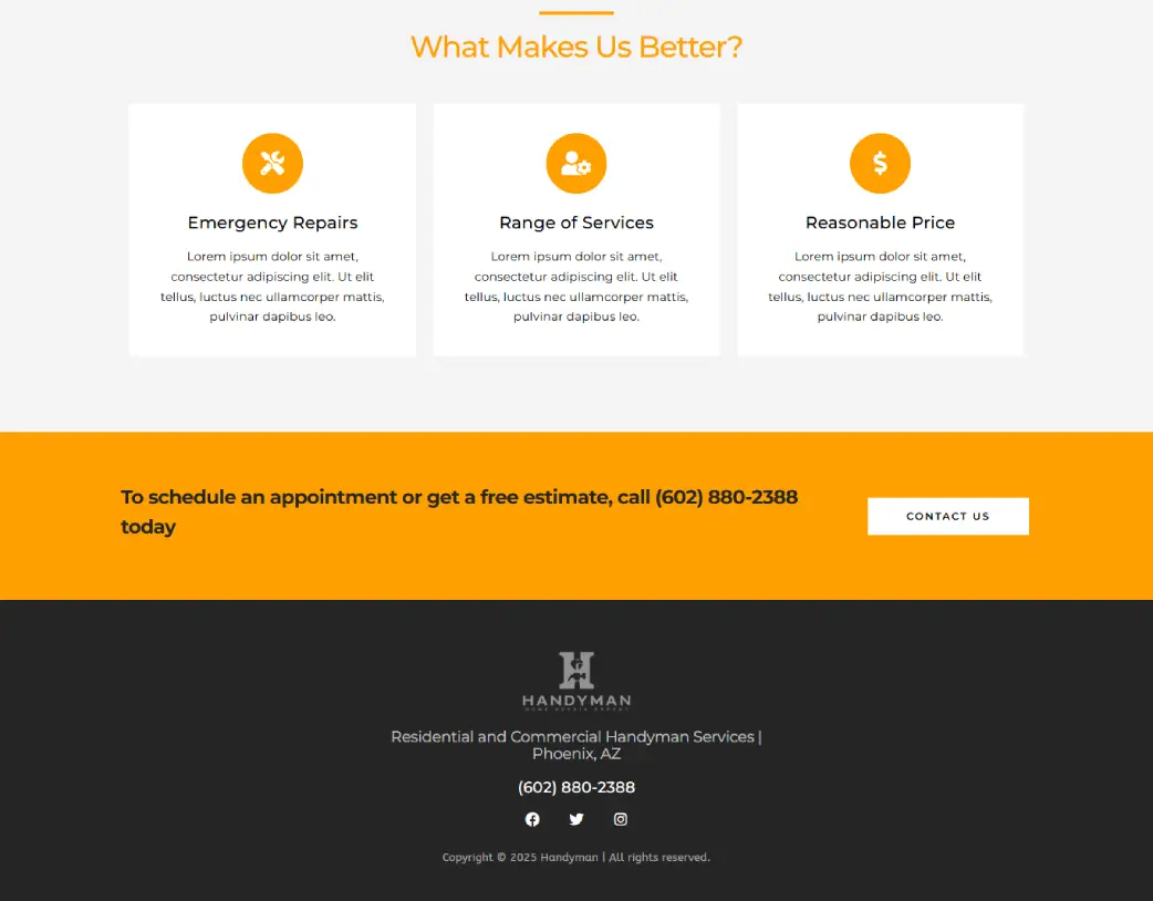 Footer of Handyman Home Repair Expert website designed and developed using WordPress and Elementor by Vishal Chaudhary