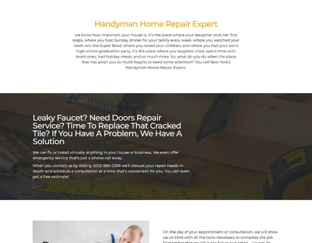 Homepage About section of Handyman Home Repair Expert website designed and developed using WordPress and Elementor by Vishal Chaudhary
