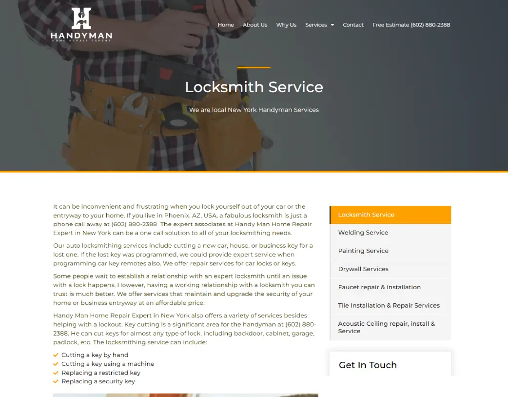 Locksmith Service page of Handyman Home Repair Expert, designed and developed using WordPress and Elementor by Vishal Chaudhary