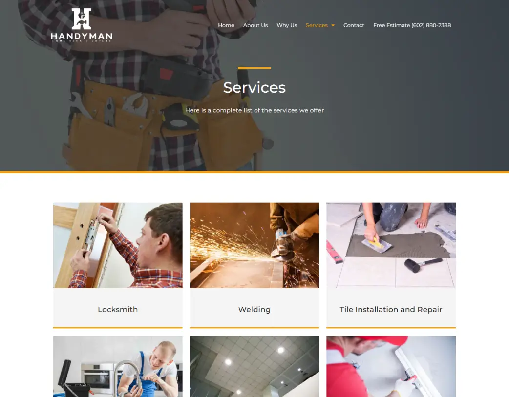 Services page of Handyman Home Repair Expert, designed and developed using WordPress and Elementor by Vishal Chaudhary