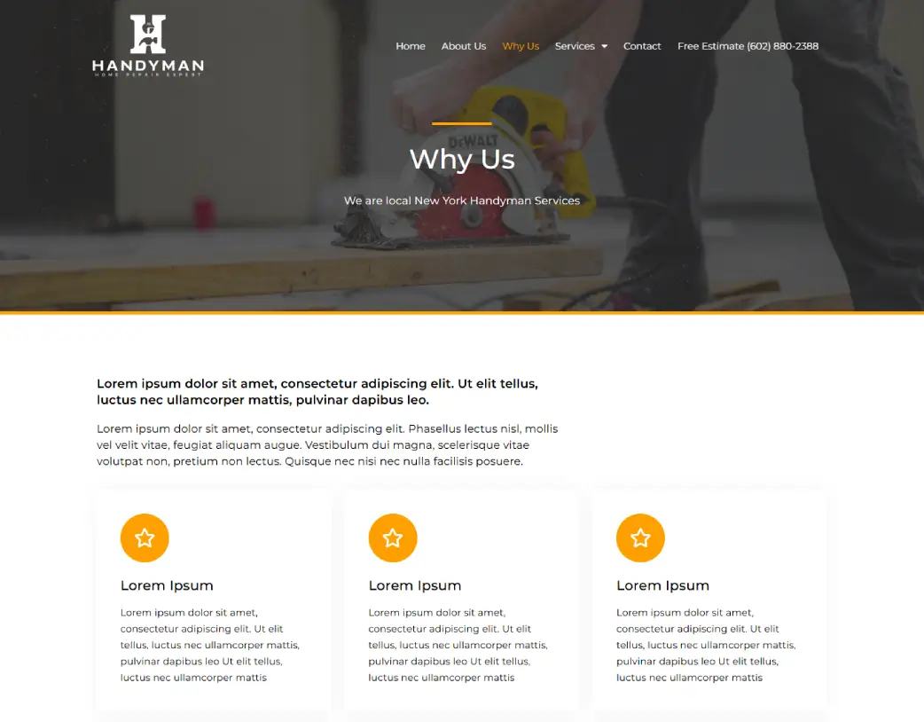 Why us page of Handyman Home Repair Expert, designed and developed using WordPress and Elementor by Vishal Chaudhary