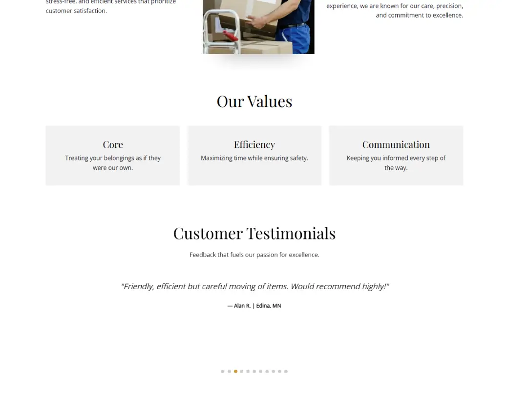 About page our values section of Masterpiece Movers, designed and developed using WordPress and Elementor by Vishal Chaudhary