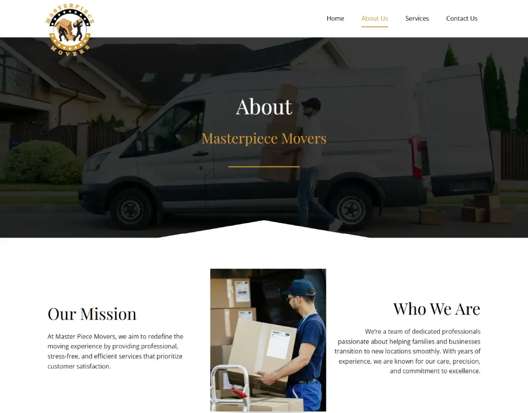 About us page of Masterpiece Movers, designed and developed using WordPress and Elementor by Vishal Chaudhary
