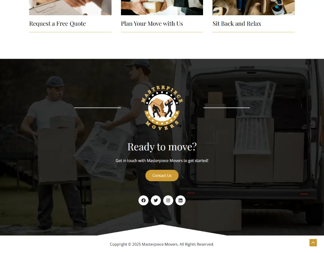 Footer of Masterpiece Movers website designed and developed using WordPress and Elementor by Vishal Chaudhary
