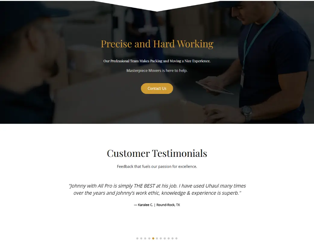 Homepage Call to action and Testimonials section of Masterpiece Movers website designed and developed using WordPress and Elementor by Vishal Chaudhary