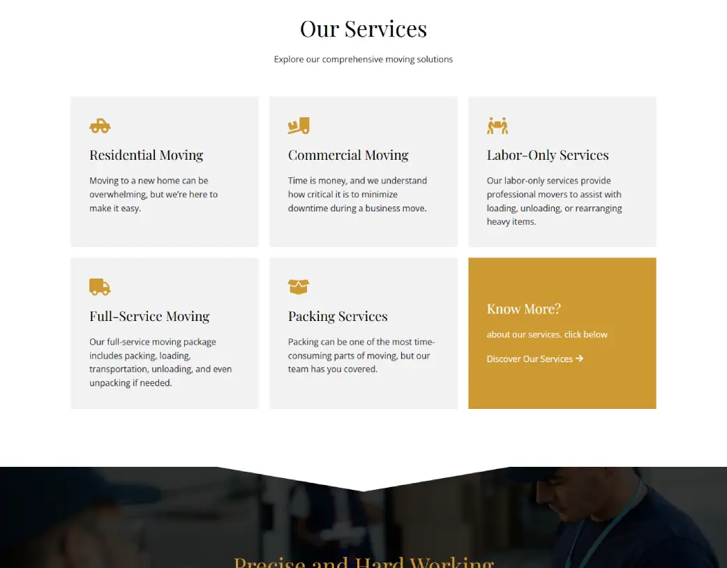 Homepage Our Services Grid section of Masterpiece Movers website designed and developed using WordPress and Elementor by Vishal Chaudhary