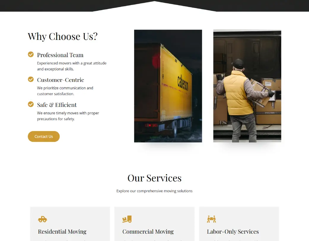Homepage Why Choose us section of Masterpiece Movers website designed and developed using WordPress and Elementor by Vishal Chaudhary
